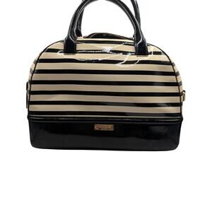 Kate Spade New York Black & Cream Striped Patent Dome Satchel Bag (Bow Accent)